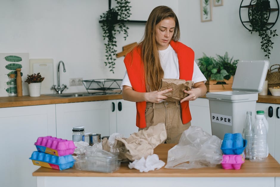 A young woman with long brown hair, wearing a white t-shirt and a red sleeveless jacket, stands at a wooden kitchen counter filled with various crumpled brown paper bags and transparent plastic containers. She is holding a paper bag, examining or preparing it, with a focused expression. Behind her, the kitchen features a white sink with a silver faucet, small potted plants on the windowsill, and hanging greenery on the white walls, including decorative framed botanical prints and a circular black metal plant holder. To her right, a white, rectangular paper recycling bin with a black label reading 'PAPER' is partially open, with a grey lid resting against it. On the counter, in addition to the paper bags, there are plastic ice-cream tub containers in pink and blue, a glass bottle, and miscellaneous waste disposal items. The scene is illuminated by natural light, creating a clean, organised domestic environment suitable for showcasing waste sorting or household rubbish clearance activities, similar to services provided by Rubbish Clearance Kennington, in an everyday kitchen setting.